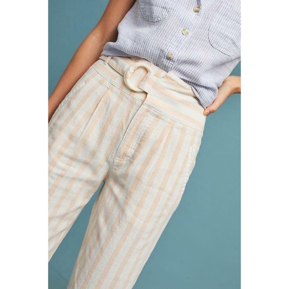 NEW Anthropologie Linen Striped Pink White Oasis Slim leg Belt D-Ring Pant SZ 2 - Picture 4 of 7